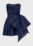 Tineit Cute Sheath Strapless Navy Blue Short Satin Homecoming Dresses Cocktail Dress With Bowknot (PRE-ORDER)