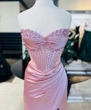 Tineit Elegant Sheath Sweetheart Sequin Pink Satin Slit Prom Dresses Evening Dress (PRE-ORDER)