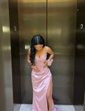 Tineit Elegant Sheath Sweetheart Sequin Pink Satin Slit Prom Dresses Evening Dress (PRE-ORDER)