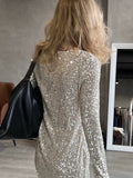 Tineit Sequin Round Neck Long Sleeve Mini Dinner Dress Short Homecoming Dresses (PRE-ORDER)