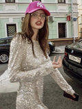 Tineit Sequin Round Neck Long Sleeve Mini Dinner Dress Short Homecoming Dresses (PRE-ORDER)