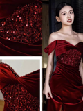 Tineit Sexy Mermaid Burgundy Off The Shoulder Long Prom Dresses Satin Birthday Outfits (PRE-ORDER)