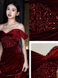 Tineit Sexy Mermaid Burgundy Off The Shoulder Long Prom Dresses Satin Birthday Outfits (PRE-ORDER)