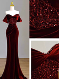 Tineit Sexy Mermaid Burgundy Off The Shoulder Long Prom Dresses Satin Birthday Outfits (PRE-ORDER)