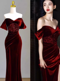 Tineit Sexy Mermaid Burgundy Off The Shoulder Long Prom Dresses Satin Birthday Outfits (PRE-ORDER)