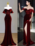 Tineit Sexy Mermaid Burgundy Off The Shoulder Long Prom Dresses Satin Birthday Outfits (PRE-ORDER)