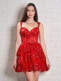 Tineit Sweet Lace Sequin Homecoming Dress Off The Shoulder Hoco Dress Red Ruffle Graduation Dresses (PRE-ORDER)