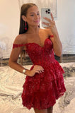 Tineit Sweet Lace Sequin Homecoming Dress Off The Shoulder Hoco Dress Red Ruffle Graduation Dresses (PRE-ORDER)