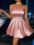 Tineit Romantic Satin Strapless Pleated Homecoming Dresses Party Dress (PRE-ORDER)