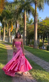 Tineit Classy Ball Gown Strapless Pink Floor Length Satin Slit Prom Dresses Evening Gowns (PRE-ORDER)