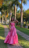 Tineit Classy Ball Gown Strapless Pink Floor Length Satin Slit Prom Dresses Evening Gowns (PRE-ORDER)