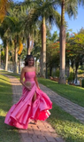 Tineit Classy Ball Gown Strapless Pink Floor Length Satin Slit Prom Dresses Evening Gowns (PRE-ORDER)