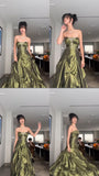 Tineit Pretty Ball Gown Strapless Green Satin Long Prom Dresses With Silver Beads (PRE-ORDER)