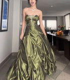 Tineit Pretty Ball Gown Strapless Green Satin Long Prom Dresses With Silver Beads (PRE-ORDER)