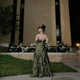 Tineit Pretty Ball Gown Strapless Green Satin Long Prom Dresses With Silver Beads (PRE-ORDER)