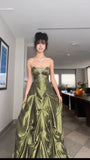 Tineit Pretty Ball Gown Strapless Green Satin Long Prom Dresses With Silver Beads (PRE-ORDER)