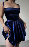 Tineit Simple A Line Spaghetti Straps Navy Blue Birthday Outfits Satin Homecoming Dresses (PRE-ORDER)