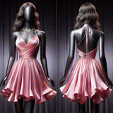 Tineit Simple A Line Halter Pink Short Birthday Outfits Satin Homecoming Dresses (PRE-ORDER)