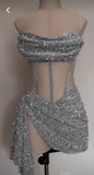 Tineit Sexy Sheath Strapless Gray Sequin Short Birthday Outfits Homecoming Dresses (PRE-ORDER)