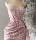 Tineit Sexy Sheath Strapless Pink Sequin Homecoming Dresses Short Birthday Outfits (PRE-ORDER)