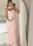 Tineit Classy A Line Strapless Light Pink Chiffon Long Prom Dresses Evening Dress With Ruffles (PRE-ORDER)