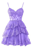 Tineit Homecoming Dresses for Teens Sparkly Tulle Lace Applique Tiered A-line Hoco Dress (PRE-ORDER)