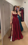 Tineit Elegant A Line Spaghetti Straps Burgundy Long Slit Prom Dresses Formal Dress (PRE-ORDER)