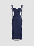 Tineit Elegant Sheath Square Neckline Navy Blue Chiffon Ruffles Prom Dresses Formal Dress (PRE-ORDER)