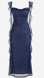 Tineit Elegant Sheath Square Neckline Navy Blue Chiffon Ruffles Prom Dresses Formal Dress (PRE-ORDER)