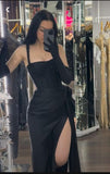 Tineit Elegant Sheath Straps Black Satin Beads Slit Long Prom Dresses Formal Dress (PRE-ORDER)