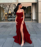 Tineit Elegant Sheath Straps Burgundy Satin Silver Beads Slit Long Prom Dresses Formal Dress (PRE-ORDER)