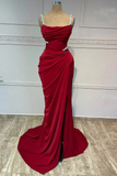 Tineit Elegant Sheath Straps Burgundy Satin Silver Beads Slit Long Prom Dresses Formal Dress (PRE-ORDER)