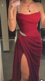 Tineit Elegant Sheath Straps Burgundy Satin Silver Beads Slit Long Prom Dresses Formal Dress (PRE-ORDER)