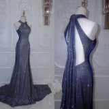 Tineit Elegant Mermaid Halter Sequin Navy Blue Long Prom Dresses Formal Dress (PRE-ORDER)