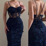 Tineit Elegant Mermaid Spaghetti Straps Lace Navy Blue Long Prom Dresses Formal Dress (PRE-ORDER)