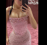 Tineit Elegant Mermaid Spaghetti Straps Pink Beads Sequin Slit Long Prom Dresses Formal Dress (PRE-ORDER)