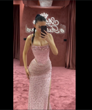 Tineit Elegant Mermaid Spaghetti Straps Pink Beads Sequin Slit Long Prom Dresses Formal Dress (PRE-ORDER)