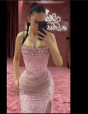 Tineit Elegant Mermaid Spaghetti Straps Pink Beads Sequin Slit Long Prom Dresses Formal Dress (PRE-ORDER)