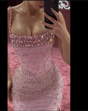 Tineit Elegant Mermaid Spaghetti Straps Pink Beads Sequin Slit Long Prom Dresses Formal Dress (PRE-ORDER)