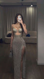 Tineit Elegant Mermaid Spaghetti Straps Silver Beads Slit Long Prom Dresses Formal Dress (PRE-ORDER)