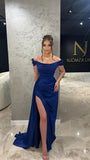 Tineit Elegant Mermaid Off The Shoulder Royal Blue Slit Long Prom Dresses Formal Dress (PRE-ORDER)