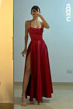 Tineit Elegant A Line Halter Red Slit Long Prom Dresses Formal Dress (PRE-ORDER)