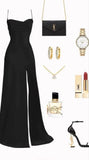 Tineit Elegant Sheath Spaghetti Straps Black Slit Long Prom Dresses Formal Dress (PRE-ORDER)