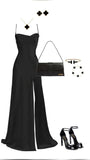 Tineit Elegant Sheath Spaghetti Straps Black Slit Long Prom Dresses Formal Dress (PRE-ORDER)