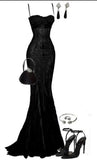 Tineit Elegant Mermaid Spaghetti Straps Lace Black Long Prom Dresses Formal Dress (PRE-ORDER)