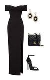 Tineit Elegant Sheath Off The Shoulder Black Slit Long Prom Dresses Evening Dress (PRE-ORDER)