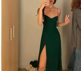 Tineit Elegant Sheath Spaghetti Straps Satin Green Slit Prom Dresses Evening Dress (PRE-ORDER)