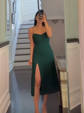 Tineit Elegant Sheath Spaghetti Straps Satin Green Slit Prom Dresses Evening Dress (PRE-ORDER)