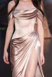 Tineit Elegant Sheath Off The Shoulder Satin Champagne Slit Prom Dresses Evening Dress (PRE-ORDER)