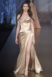 Tineit Elegant Sheath Off The Shoulder Satin Champagne Slit Prom Dresses Evening Dress (PRE-ORDER)